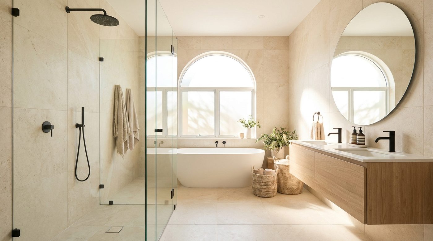Spa-like bathroom with a frameless glass walk-in shower, freestanding tub, and floating wood vanity