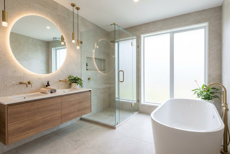 Bathroom remodel with a frameless glass walk-in shower, floating vanity, and freestanding tub