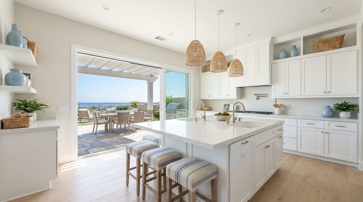 Bright coastal-modern kitchen with white cabinetry and sliding glass doors to a patio