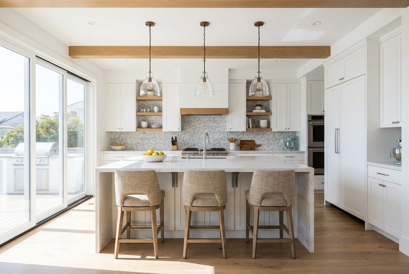 Kitchen remodel with island seating, pendant lighting, and tile backsplash